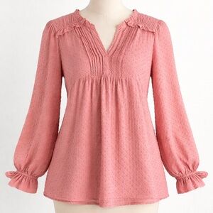 NWT Altar’d State Women’s Blouse Size Large Pink Sheer Swiss Dot Ruffle Boho